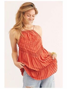 Free People Elisa Tunic Lace Strappy Tank Top in Paprika